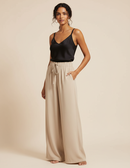 Pantalon Chino Beige Ample Fluide Décontracté Femme - Viscose