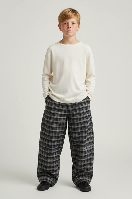 Pantalon Chino Carreaux Ample Chaud Garçon - Gris Tweed