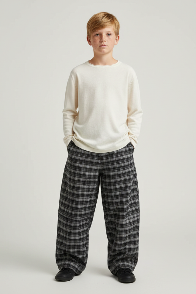 Pantalon Chino Carreaux Ample Chaud Garçon - Gris Tweed