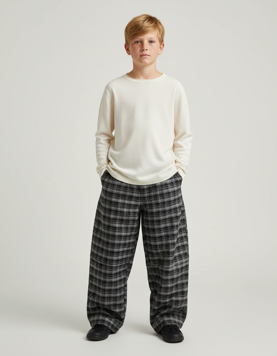 Pantalon Chino Carreaux Ample Chaud Garçon - Gris Tweed