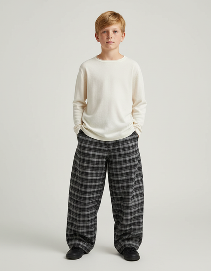 Pantalon Chino Carreaux Ample Chaud Garçon - Gris Tweed