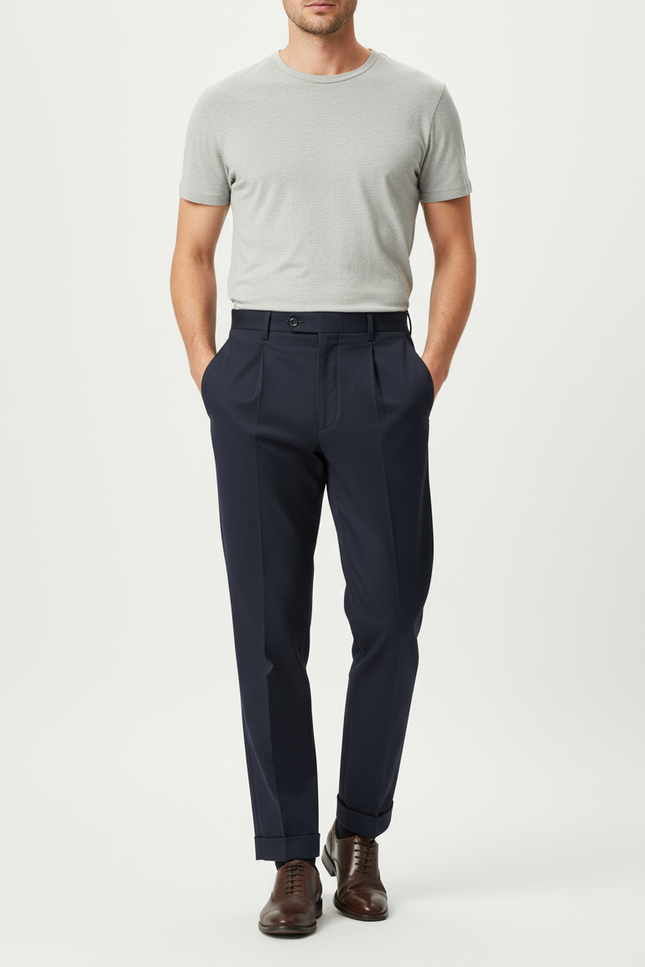 Pantalon Chino Marine Plissé Coton Élégant Homme