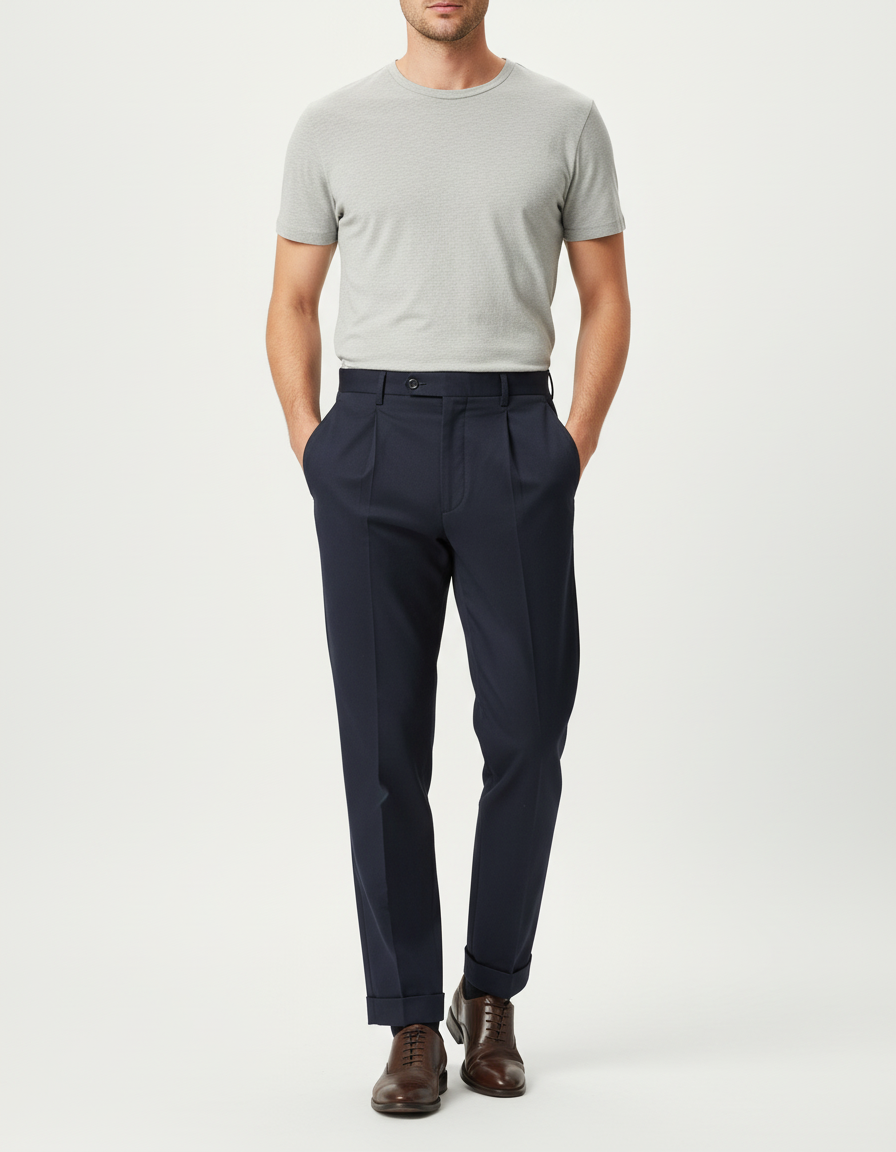 Pantalon Chino Marine Plissé Coton Élégant Homme
