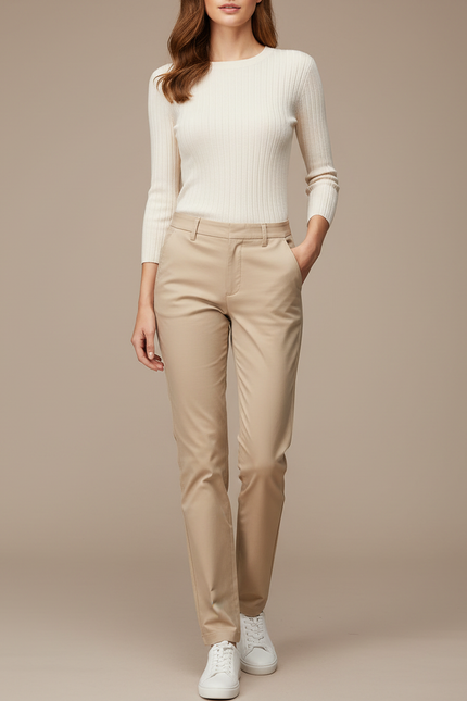 Pantalon Chino Beige Slim Élégant Femme Coton