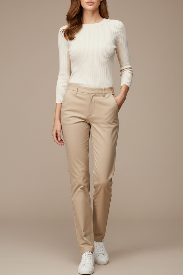 Pantalon Chino Beige Slim Élégant Femme Coton
