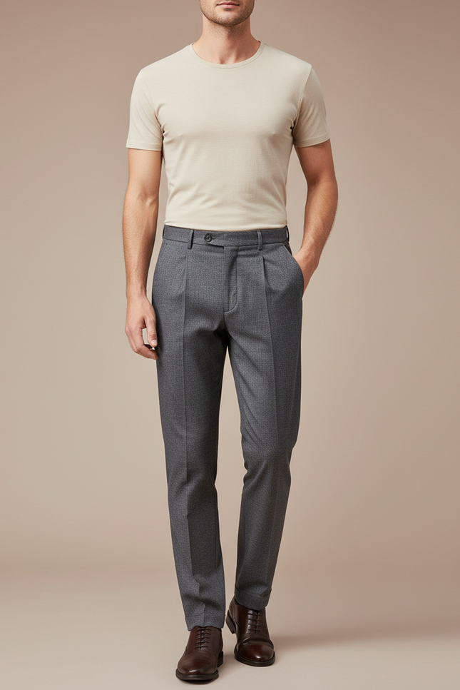 Pantalon Chino Gris Plissé Droit Formel Homme - Laine