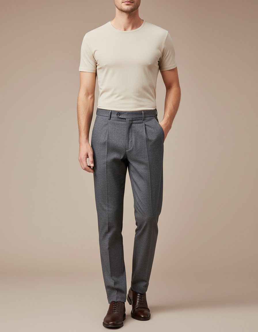 Pantalon Chino Gris Plissé Droit Formel Homme - Laine