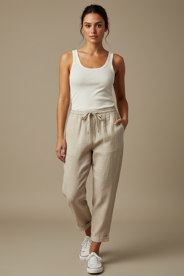 Pantalon Chino Beige Lin Ample Cordon Cheville