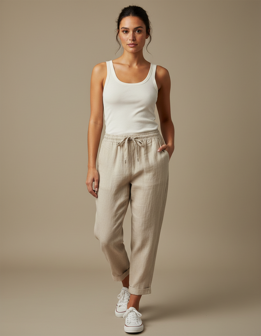 Pantalon Chino Beige Lin Ample Cordon Cheville