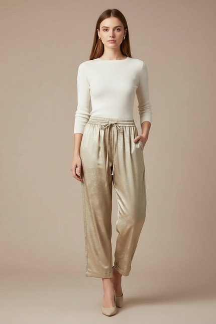 Pantalon Chino Doré Soie Ample Fluide Élégant