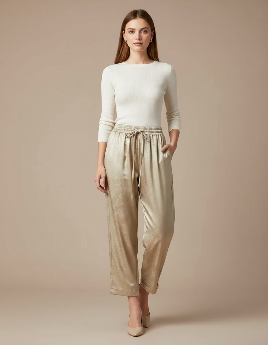 Pantalon Chino Doré Soie Ample Fluide Élégant
