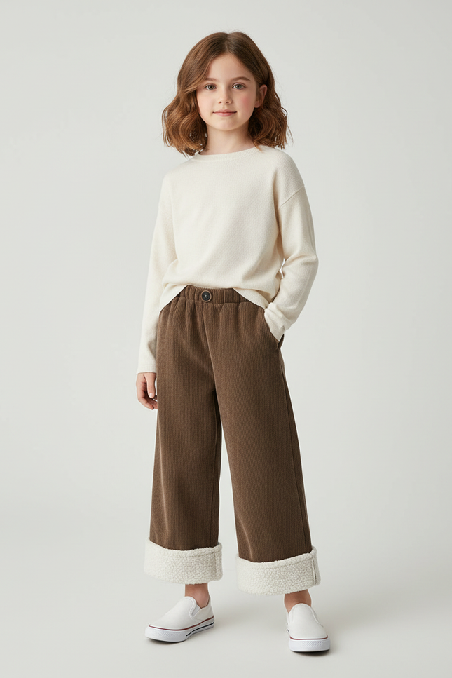 Pantalon Chino Marron Côtelé Doublé Sherpa Enfant - Cordé