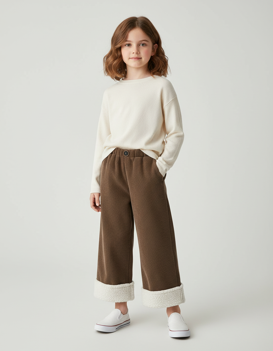 Pantalon Chino Marron Côtelé Doublé Sherpa Enfant - Cordé