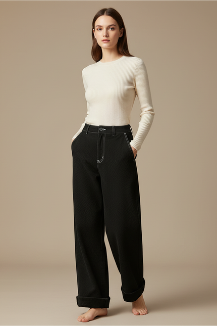 Pantalon Chino Noir Ample Épais Côtelé Femme - Cordé