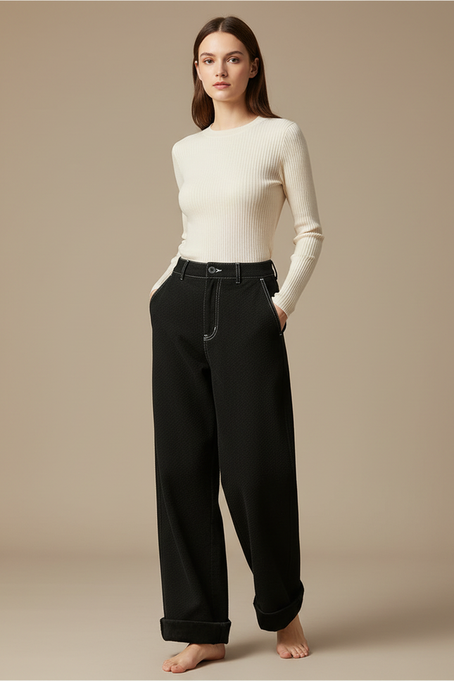 Pantalon Chino Noir Ample Épais Côtelé Femme - Cordé