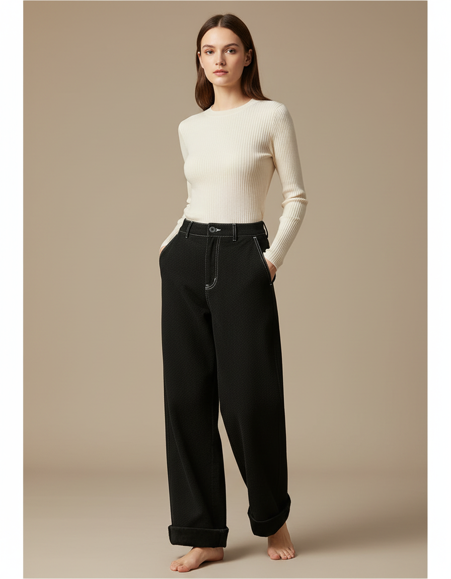 Pantalon Chino Noir Ample Épais Côtelé Femme - Cordé