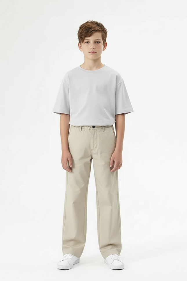 Pantalon Chino Beige Ample Coton Décontracté Garçon