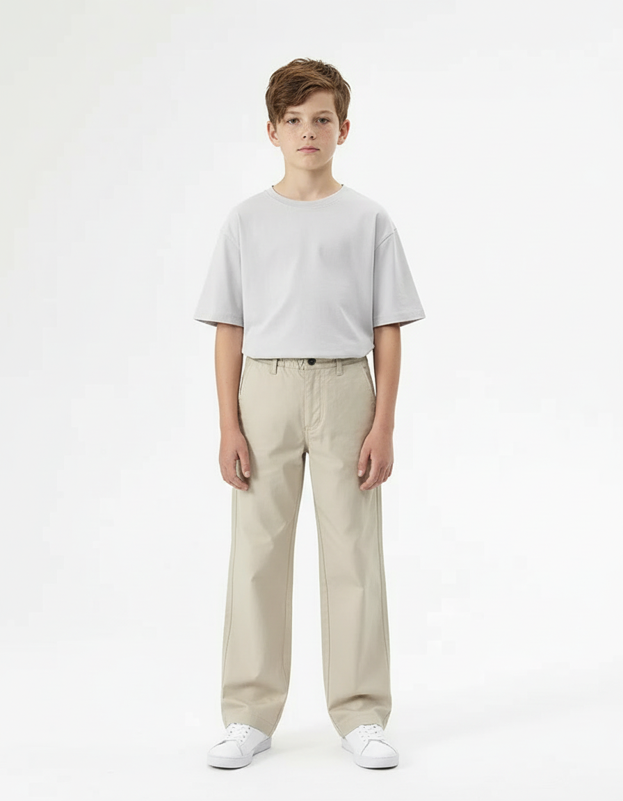 Pantalon Chino Beige Ample Coton Décontracté Garçon
