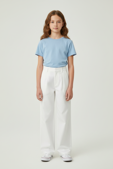 Pantalon Chino Blanc Ample Plissé Décontracté Enfant - Coton