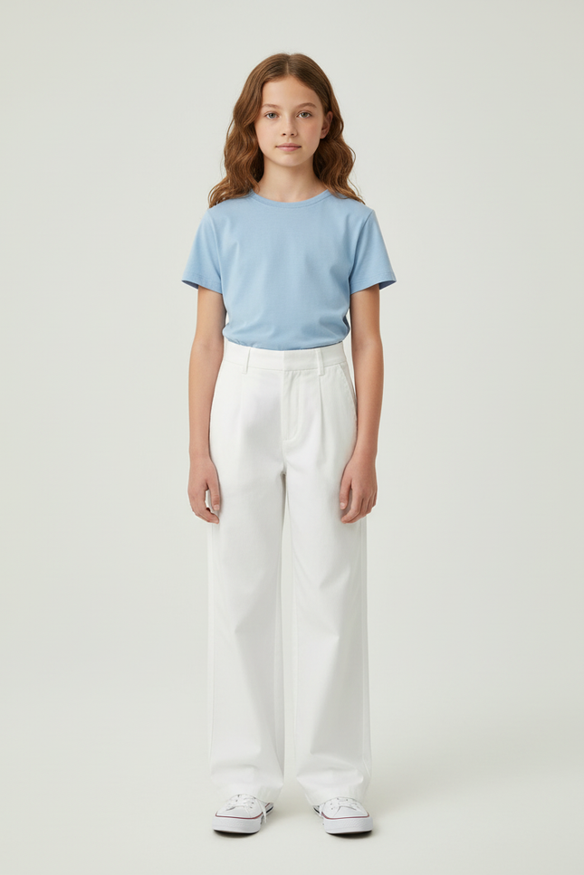 Pantalon Chino Blanc Ample Plissé Décontracté Enfant - Coton