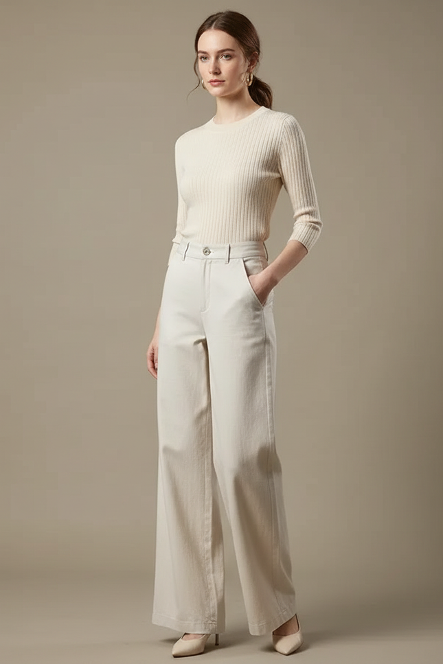 Pantalon Chino Beige Ample Coton Fluide Élégant