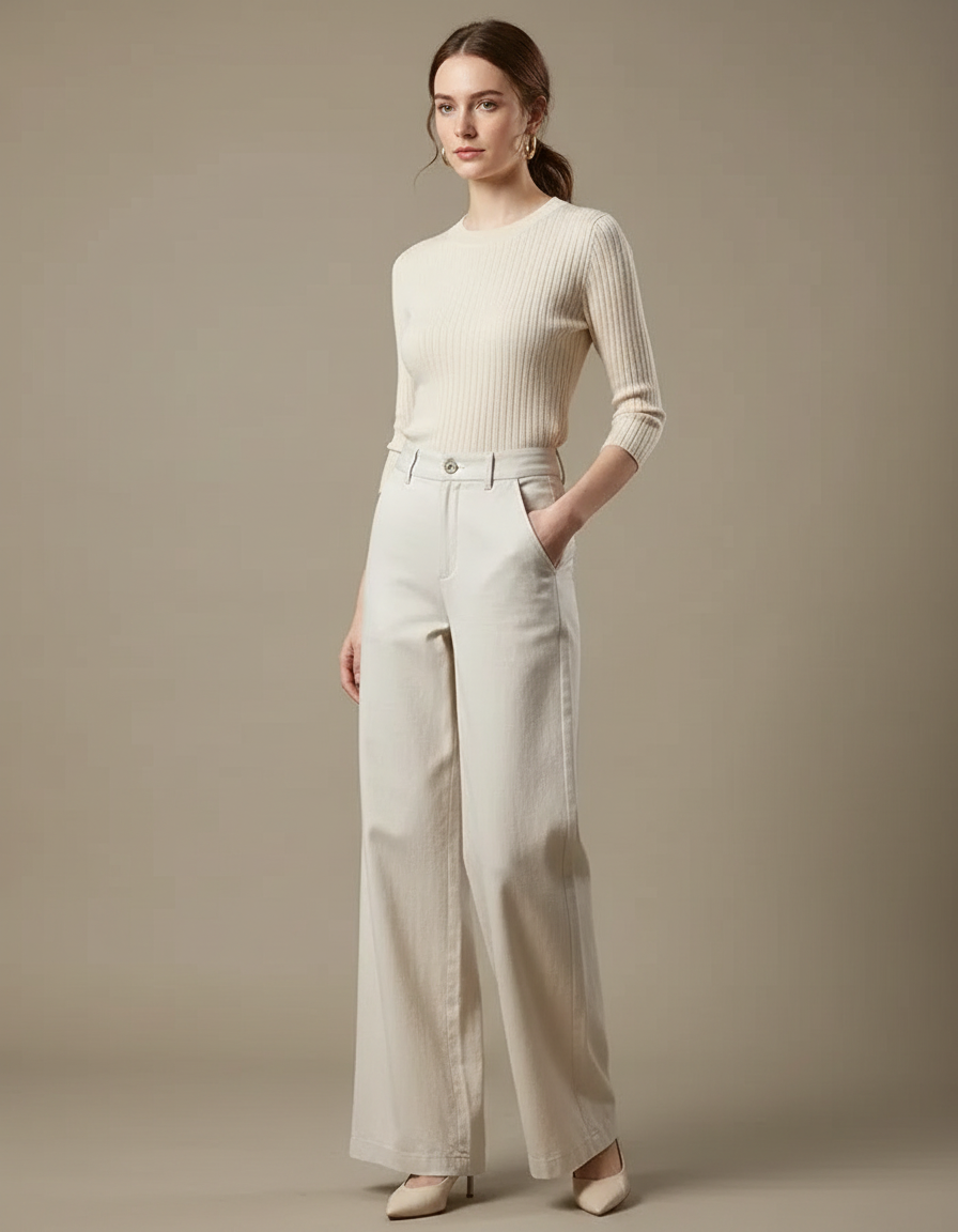 Pantalon Chino Beige Ample Coton Fluide Élégant