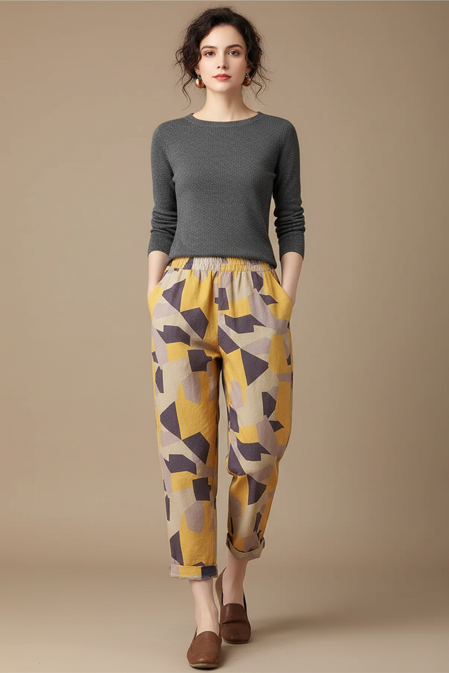 Pantalon Chino Lin Coton Imprimé Géométrique Ample - Multicolore