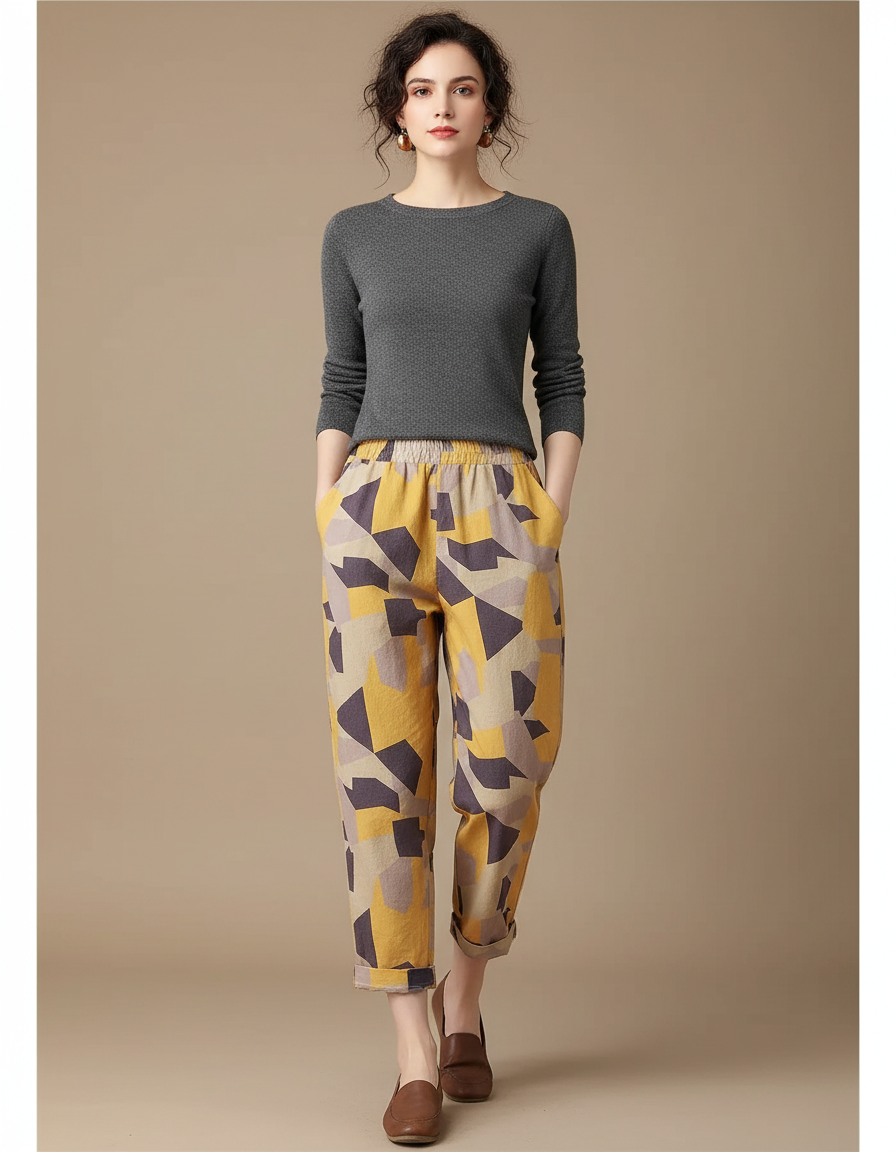 Pantalon Chino Lin Coton Imprimé Géométrique Ample - Multicolore