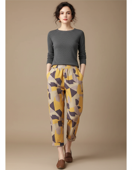 Pantalon Chino Lin Coton Imprimé Géométrique Ample - Multicolore
