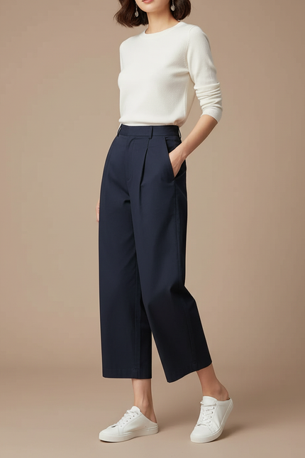 Pantalon Chino Marine Ample Fluide Décontracté Femme - Gabardine