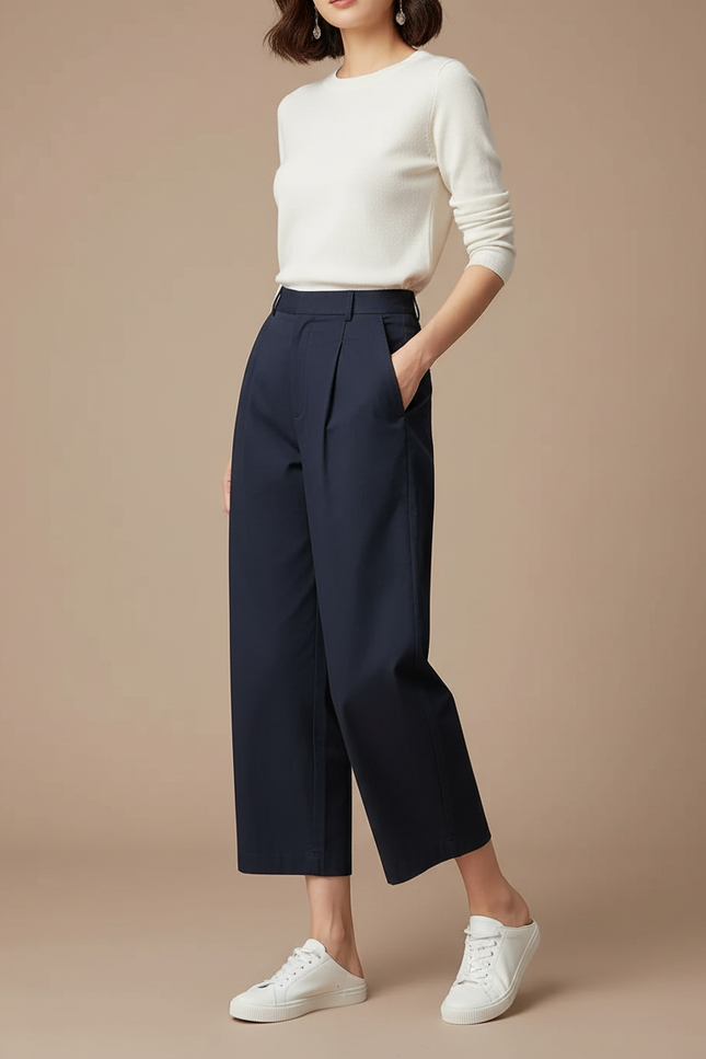 Pantalon Chino Marine Ample Fluide Décontracté Femme - Gabardine