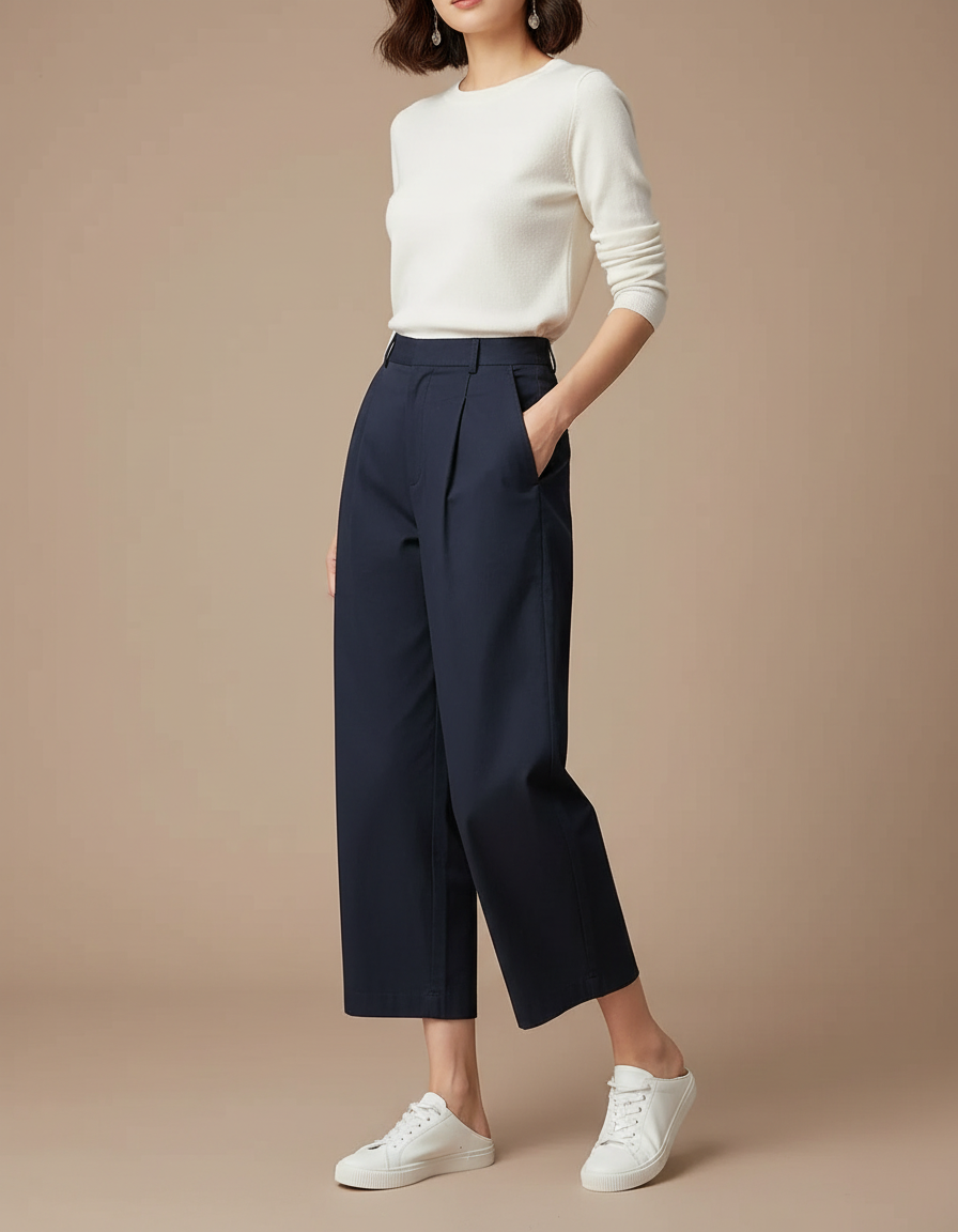 Pantalon Chino Marine Ample Fluide Décontracté Femme - Gabardine