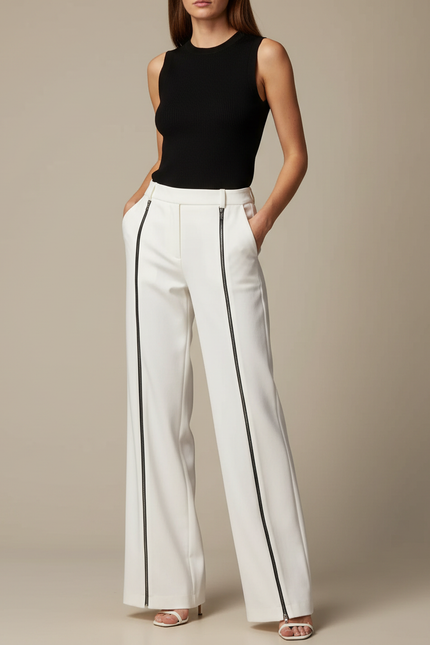 Pantalon Chino Blanc Zippé Taille Haute Ample Femme - Polyester