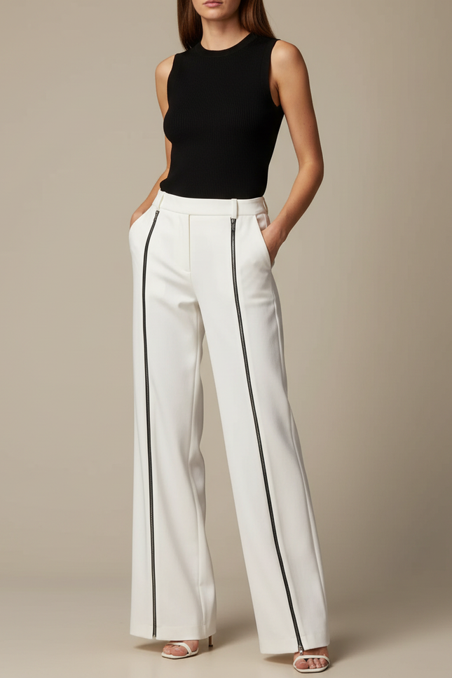 Pantalon Chino Blanc Zippé Taille Haute Ample Femme - Polyester