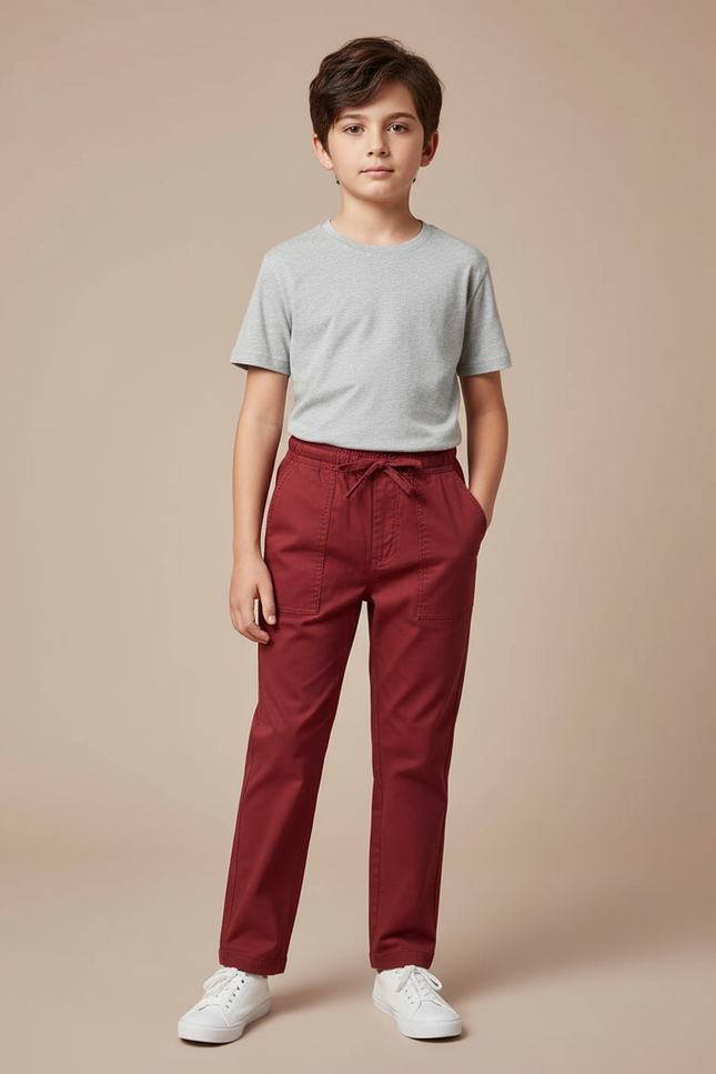 Pantalon Chino Rouge Brique Coton Décontracté Garçon Cordon - Bordeaux