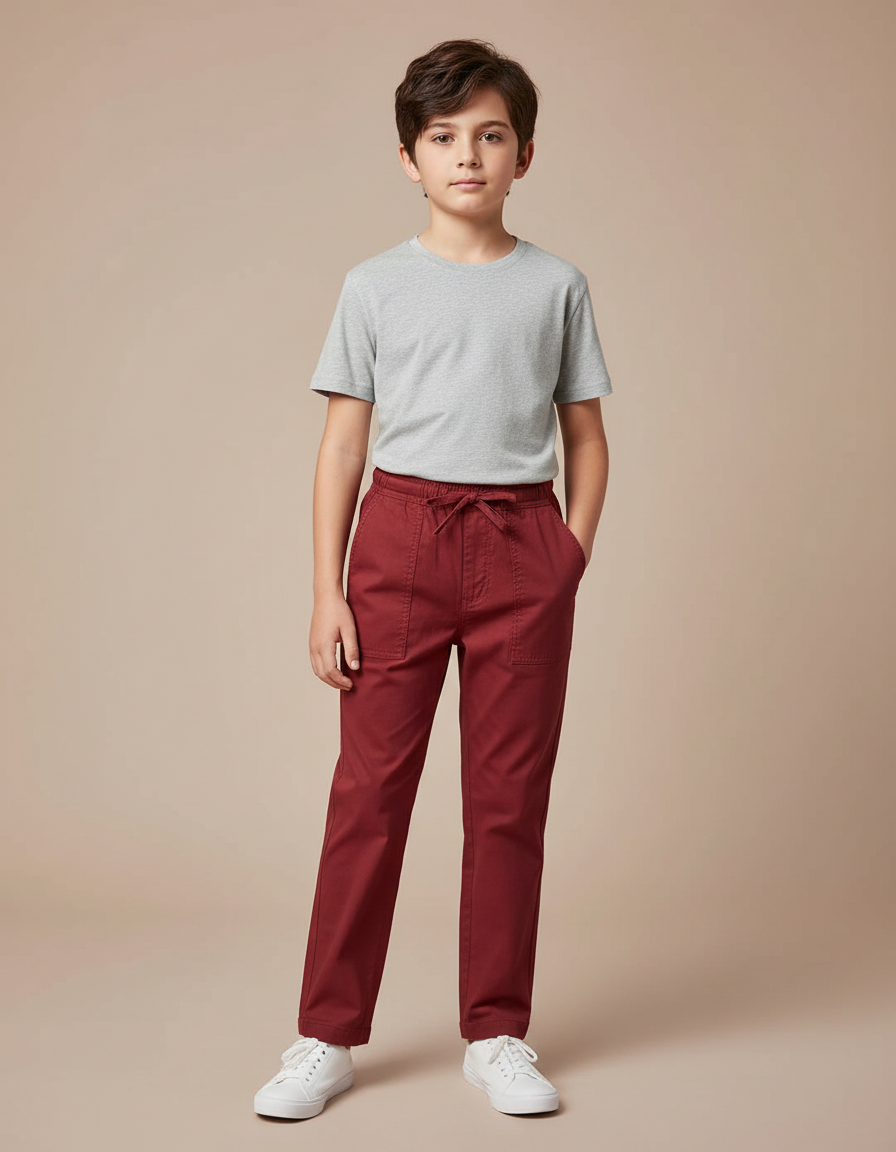Pantalon Chino Rouge Brique Coton Décontracté Garçon Cordon - Bordeaux