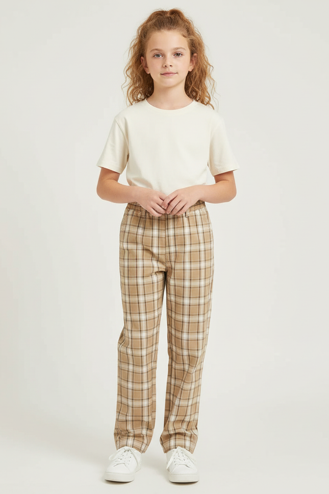 Pantalon Chino Carreaux Beige Décontracté Fille - Imprimé Coton