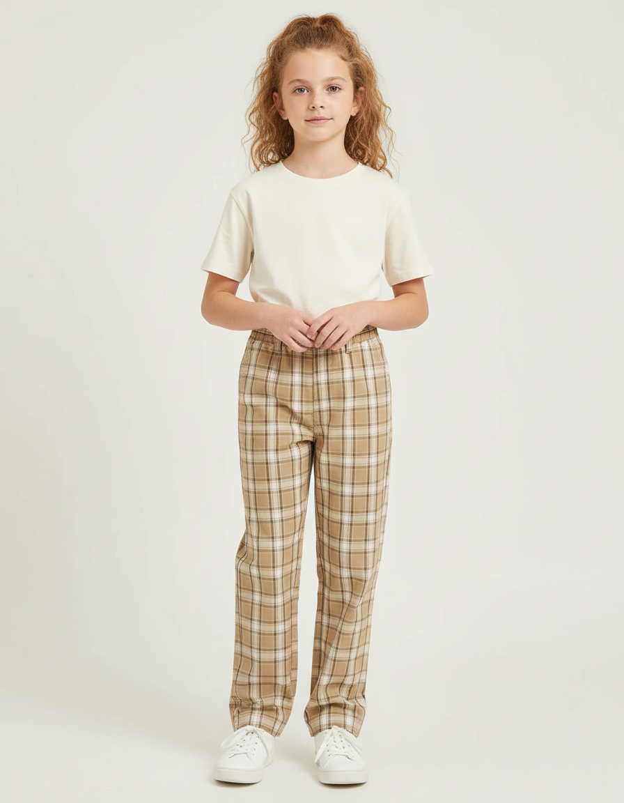 Pantalon Chino Carreaux Beige Décontracté Fille - Imprimé Coton