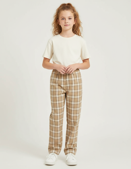 Pantalon Chino Carreaux Beige Décontracté Fille - Imprimé Coton