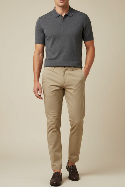 Pantalon Chino Beige Coton Slim Élégant Décontracté Homme