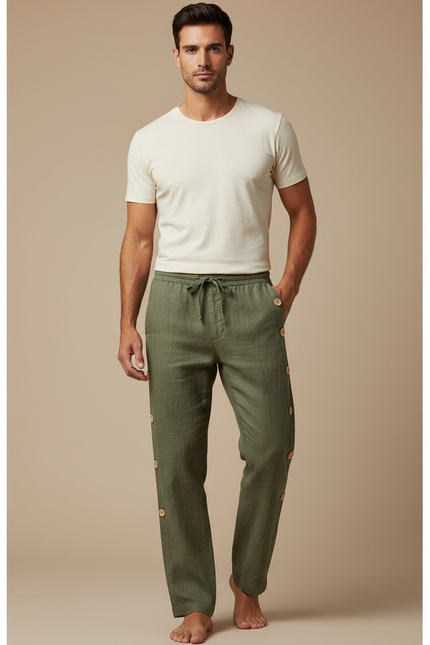 Pantalon Chino Vert Olive Lin Ample Boutons Décontracté