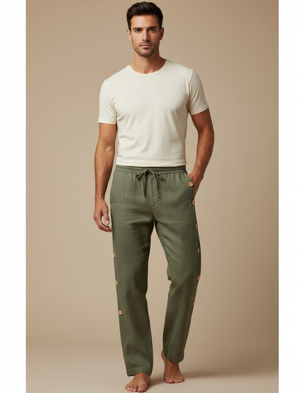 Pantalon Chino Vert Olive Lin Ample Boutons Décontracté