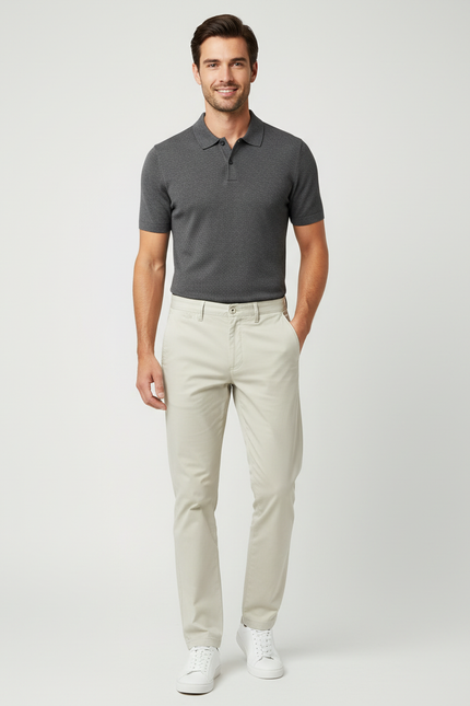 Pantalon Chino Beige Coton Slim Décontracté Élégant