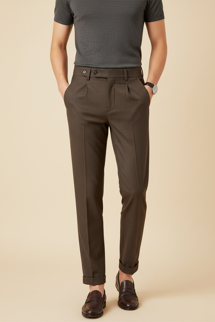 Pantalon Chino Marron Plissé Motif Slim Élégant - Laine