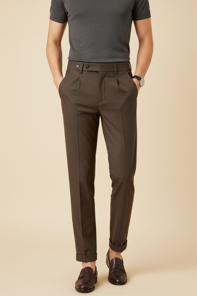 Pantalon Chino Marron Plissé Motif Slim Élégant - Laine