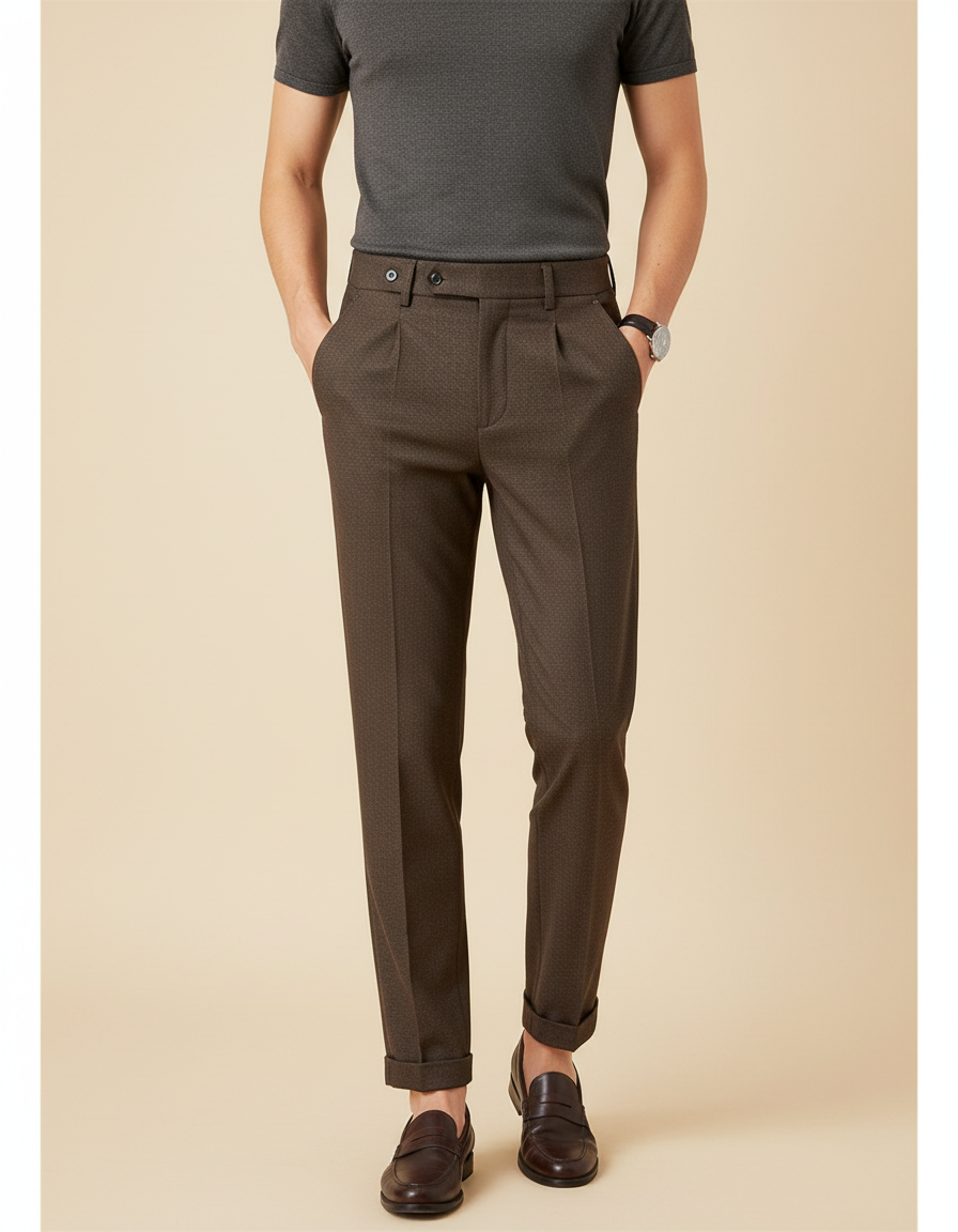 Pantalon Chino Marron Plissé Motif Slim Élégant - Laine