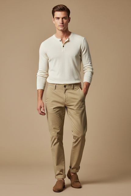 Pantalon Chino Beige Clair Coton Décontracté Coupe Droite