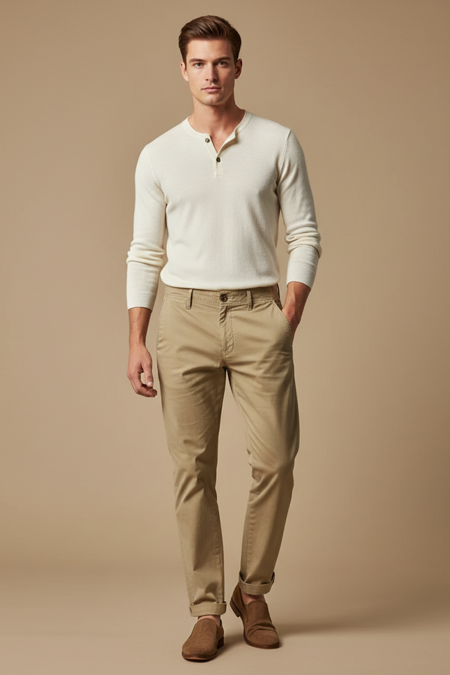 Pantalon Chino Beige Clair Coton Décontracté Coupe Droite