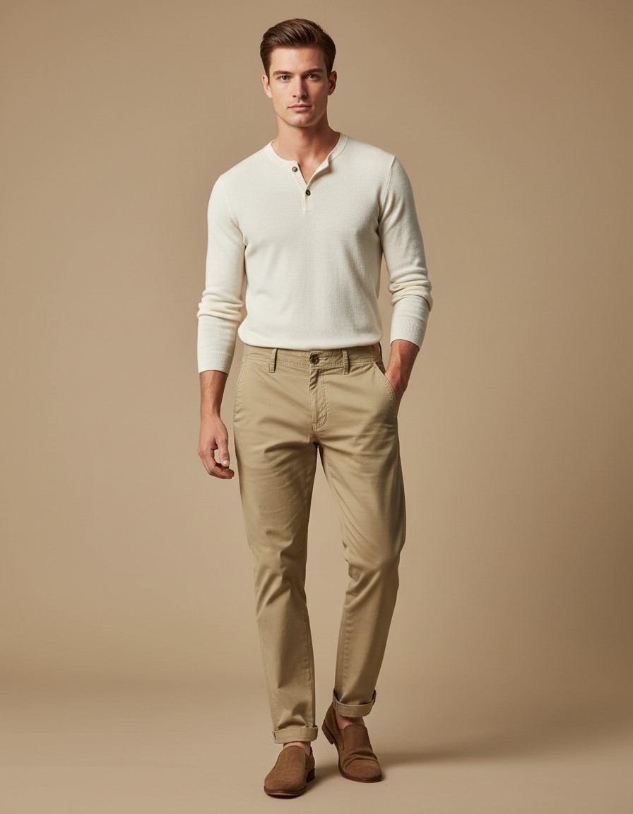 Pantalon Chino Beige Clair Coton Décontracté Coupe Droite