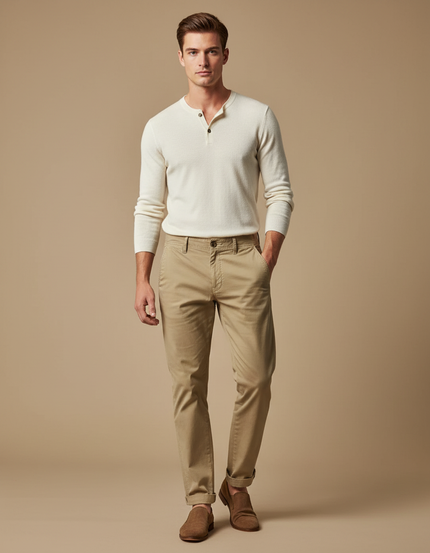 Pantalon Chino Beige Clair Coton Décontracté Coupe Droite